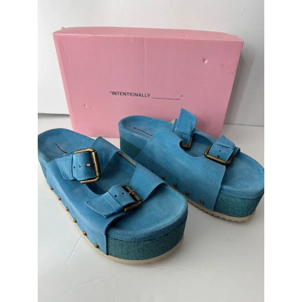 New Intentionally Blank Rule Breaker Suede Platform Sandals Blue Size 39 US 8.5